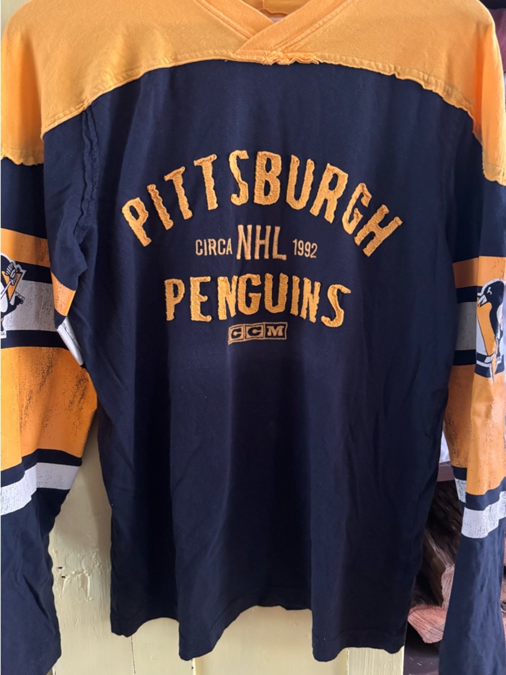 CCM Pittsburgh Penguins Navy and Gold Long Sleeve Shirt